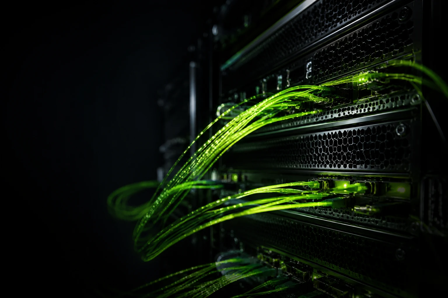 Neon green light illuminating dark network infrastructure